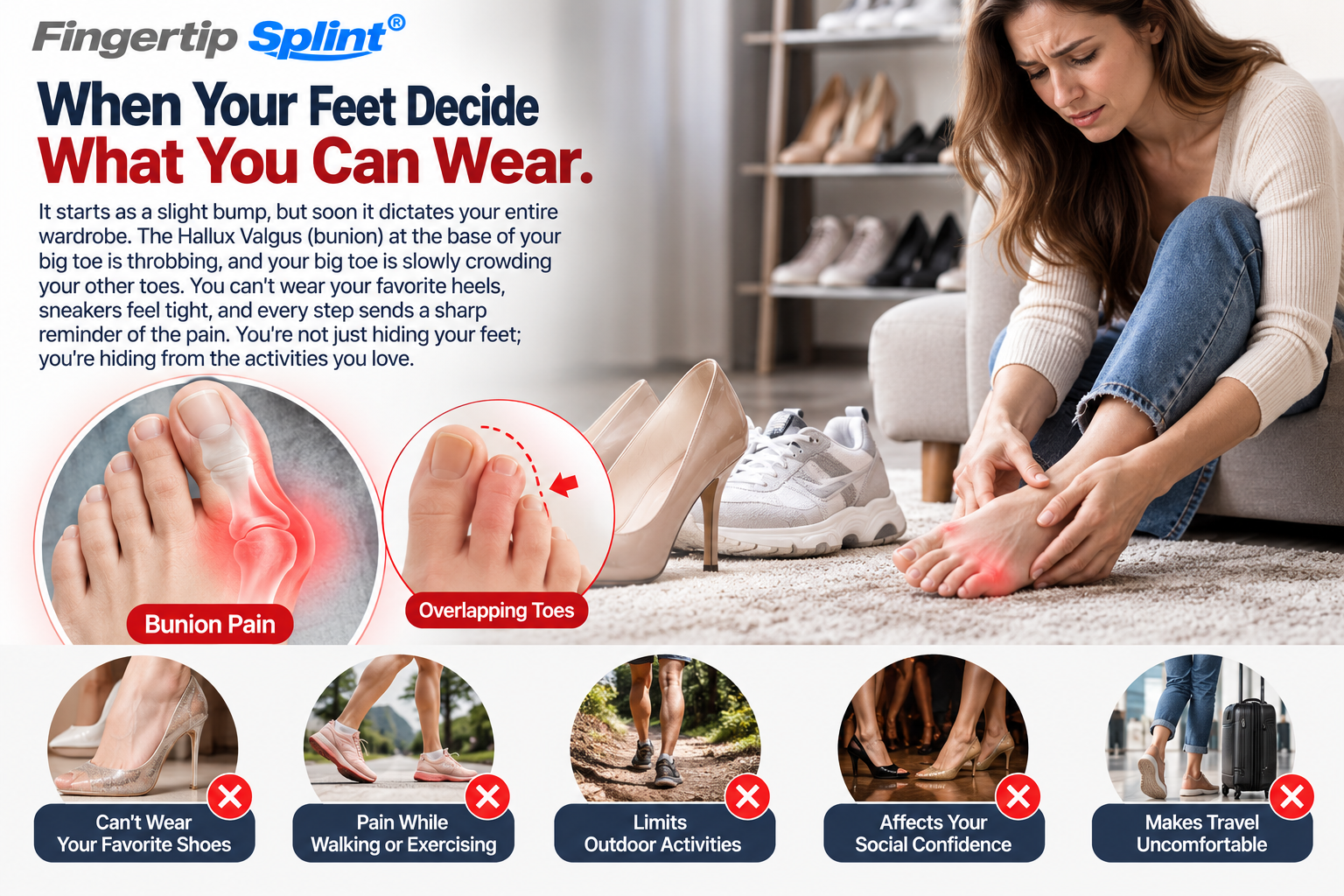 Woman experiencing bunion discomfort and overlapping toes while struggling to choose comfortable shoes