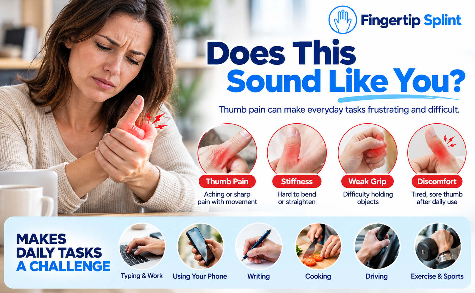 Everyday thumb discomfort during work sports and daily activities before using thumb support tape