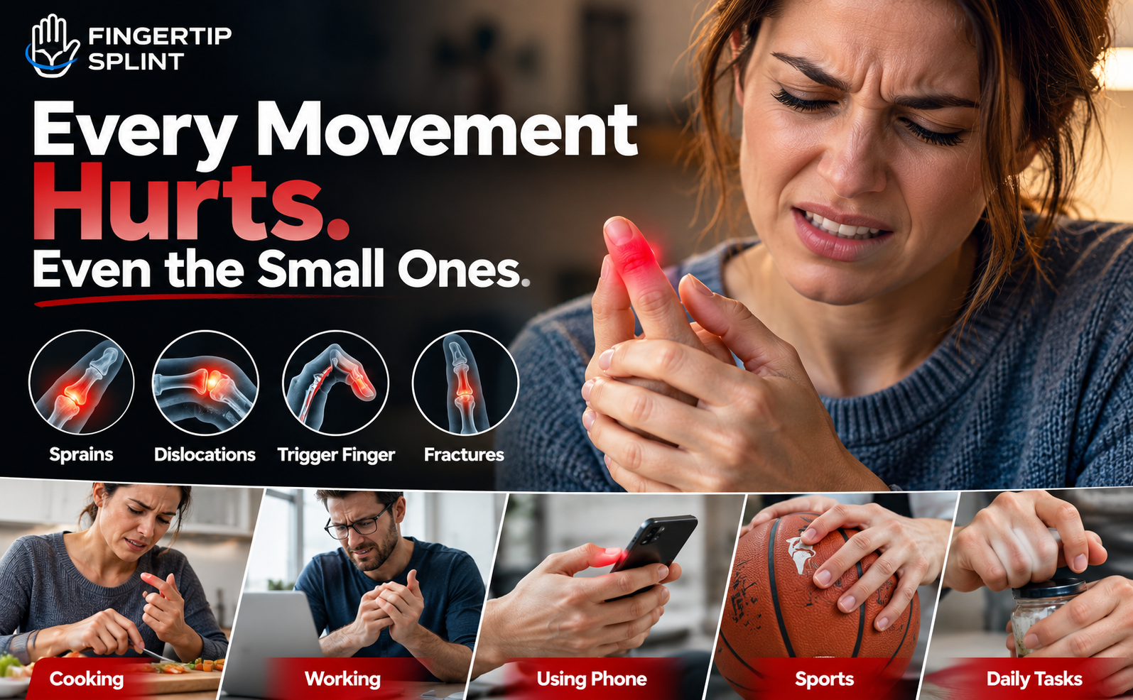 Person experiencing wrist and thumb discomfort during daily activities before using a Fingertip Splint wrist support brace