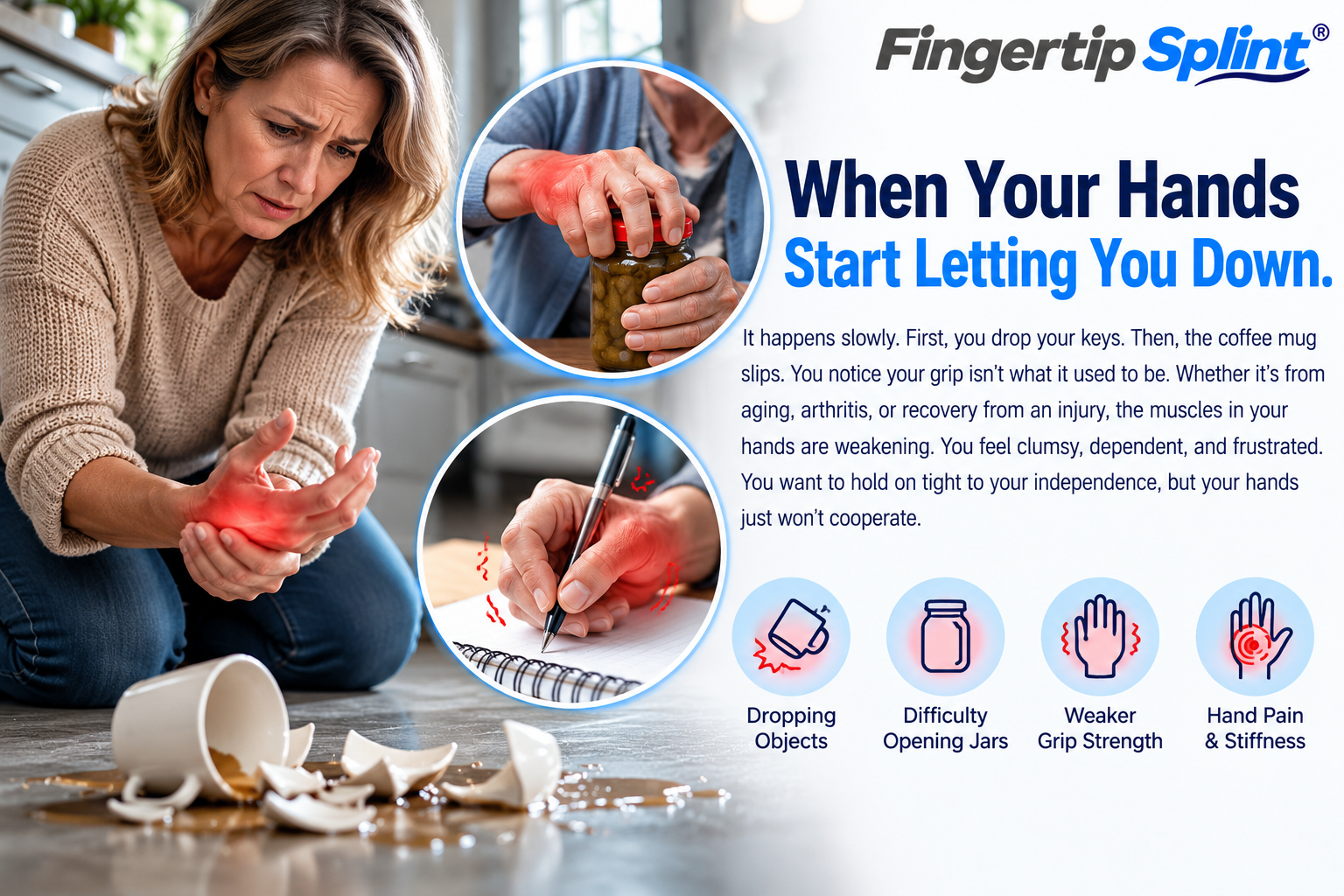 Person experiencing difficulty gripping everyday objects, illustrating common hand strength and coordination challenges