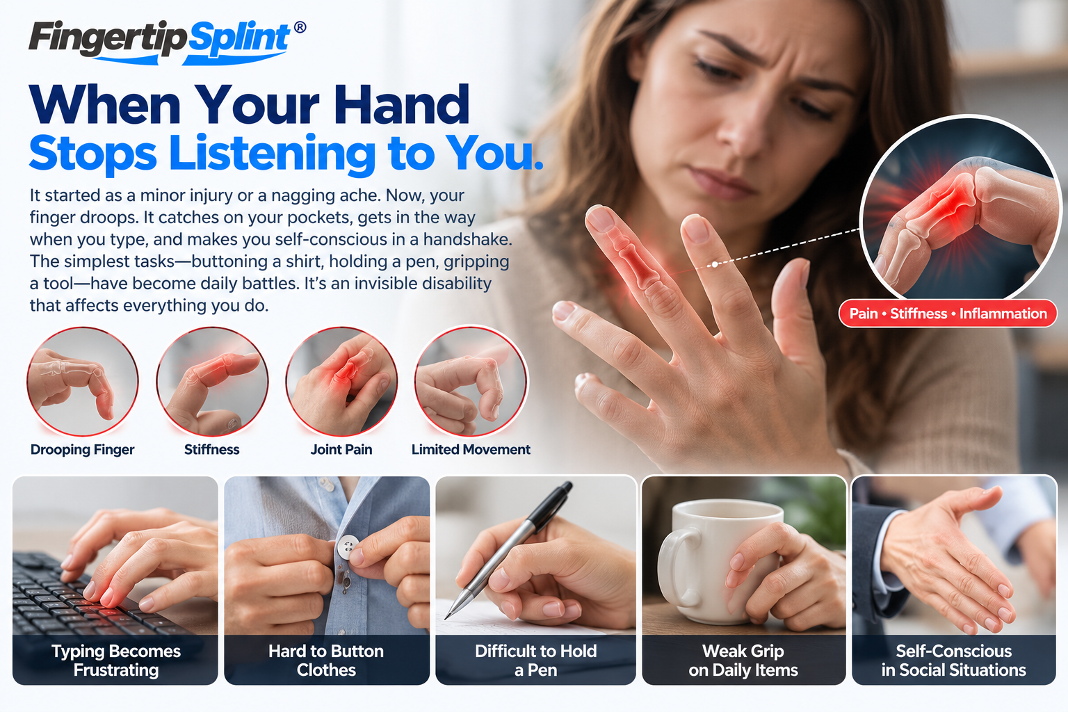 Person experiencing finger joint discomfort while reaching for a cup, illustrating challenges with everyday hand movements