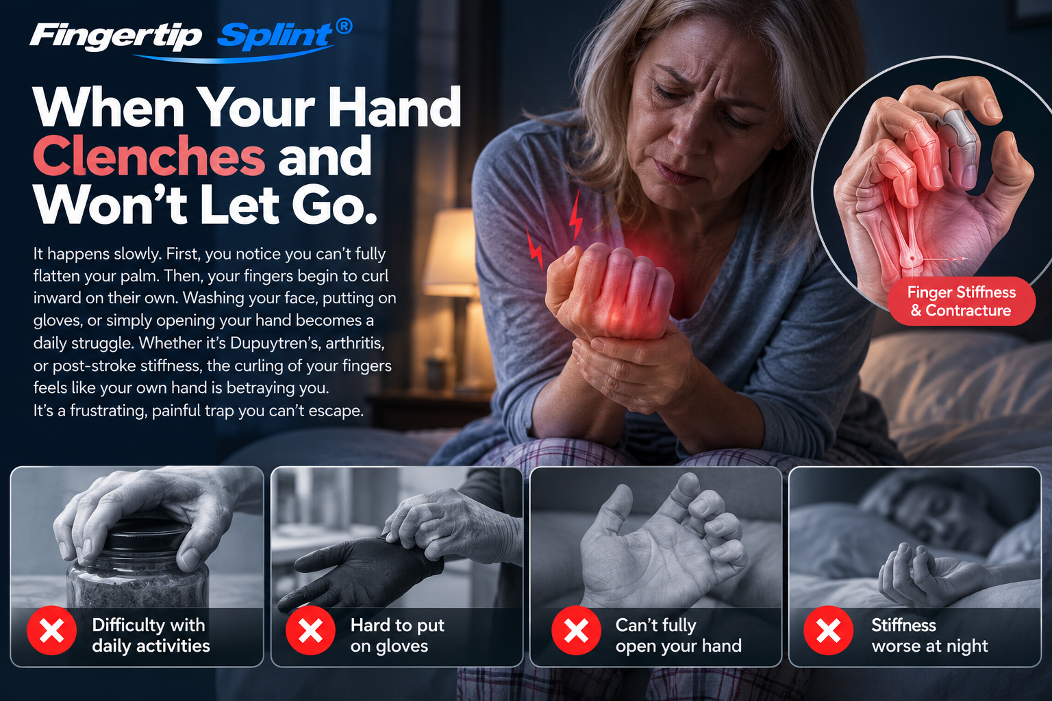 Person experiencing curled fingers and hand stiffness while sitting on a bed, illustrating difficulty opening the hand