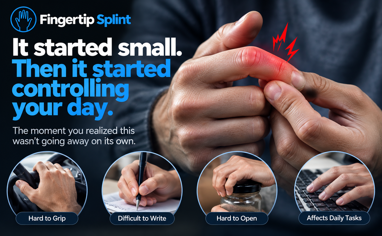 Finger pain and stiffness affecting gripping writing opening jars and typing before using a sport finger splint guard