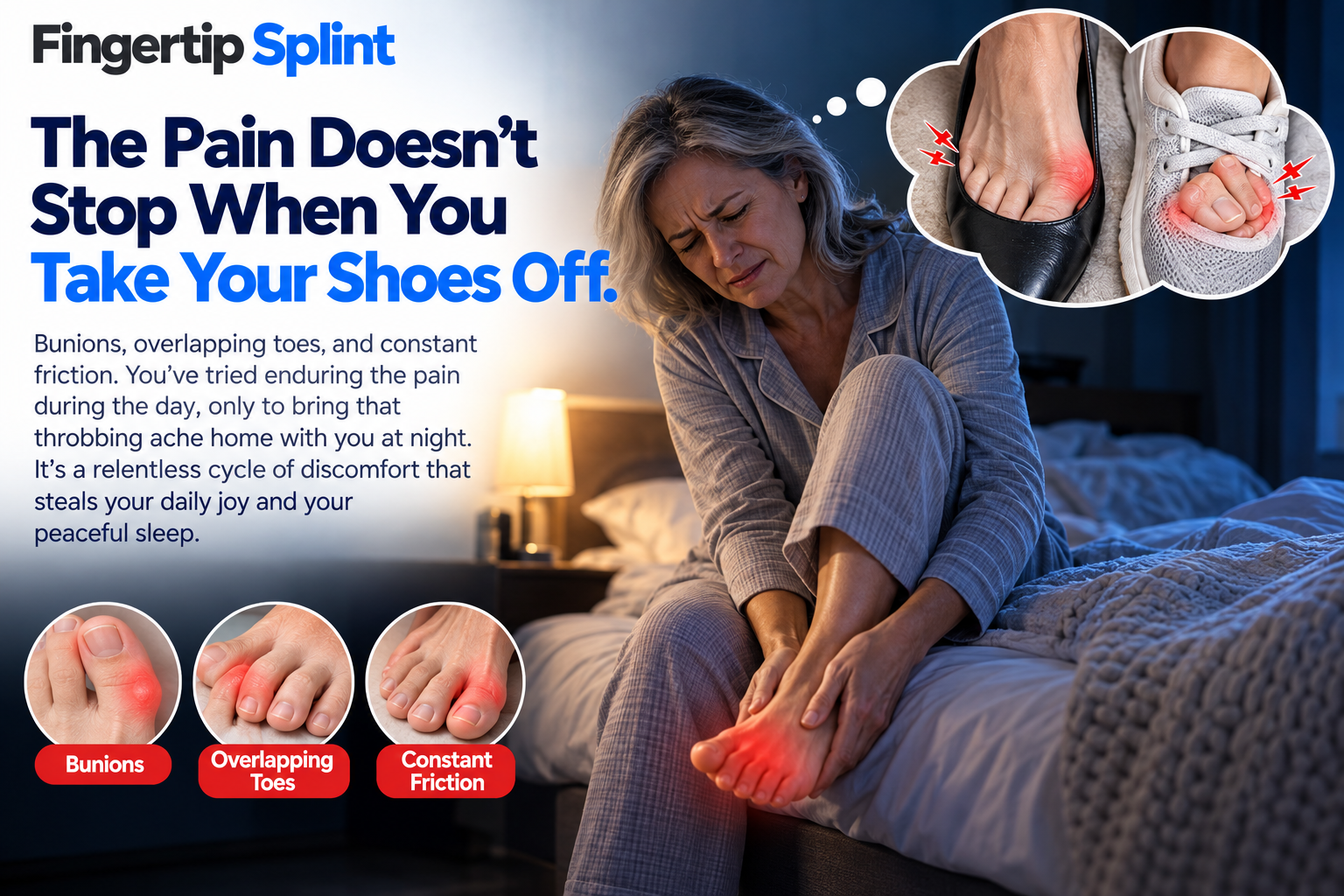 Woman experiencing overlapping toe discomfort after removing shoes at night