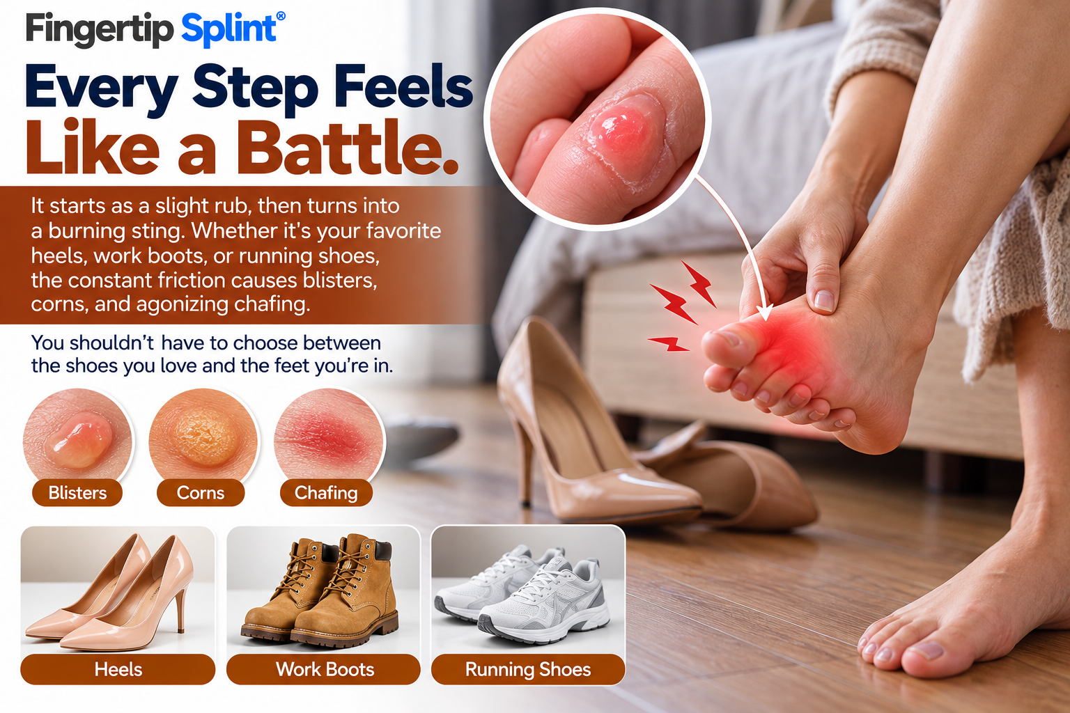 Person experiencing toe discomfort from shoe friction, highlighting the need for closed-toe fibrous toe protectors