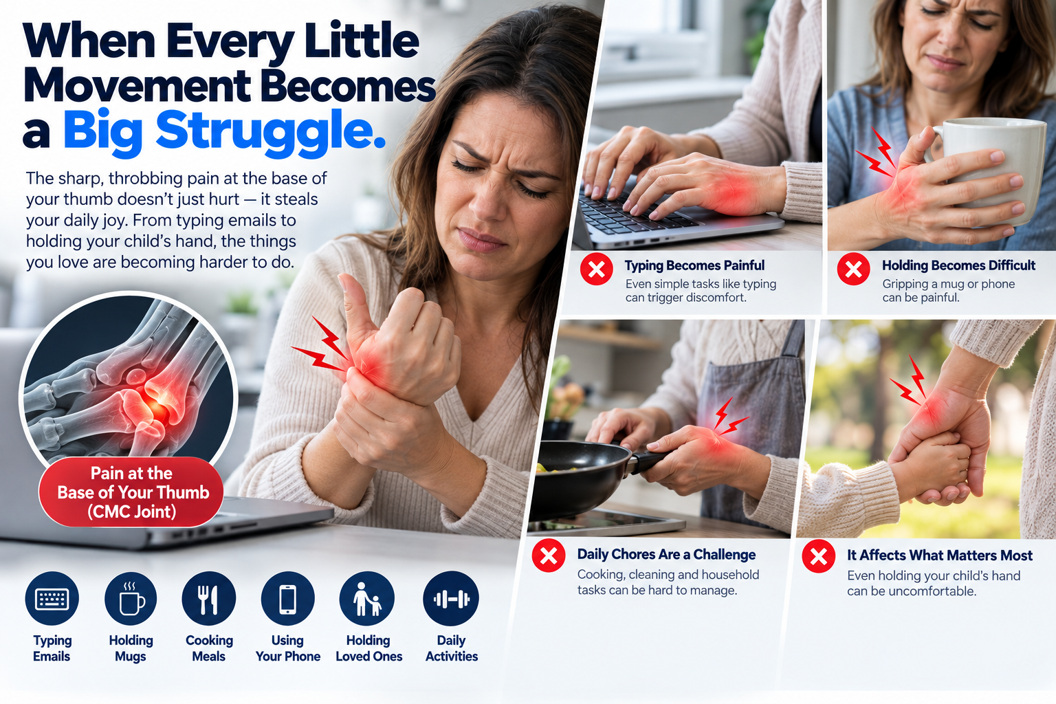 Woman experiencing CMC thumb and wrist discomfort during typing holding mugs cooking and daily activities