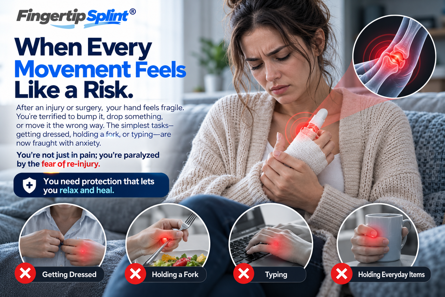 Person holding an injured finger while sitting on a couch, illustrating everyday challenges after a finger injury