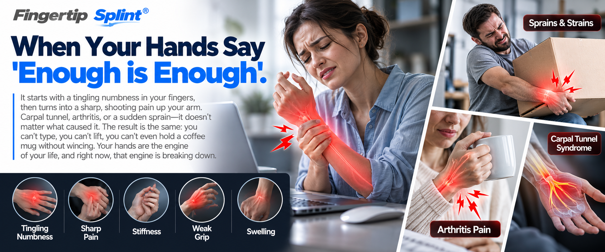 Person experiencing wrist discomfort and finger tingling while working at a computer with an illustration of hand and wrist strain