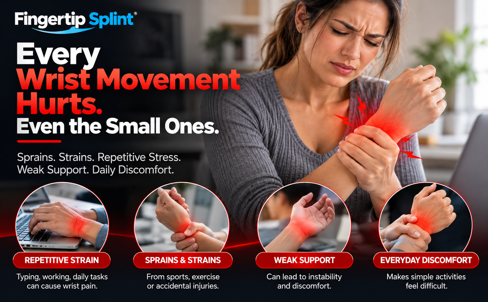 Person experiencing wrist discomfort from repetitive strain sprains and everyday activities before using wrist support