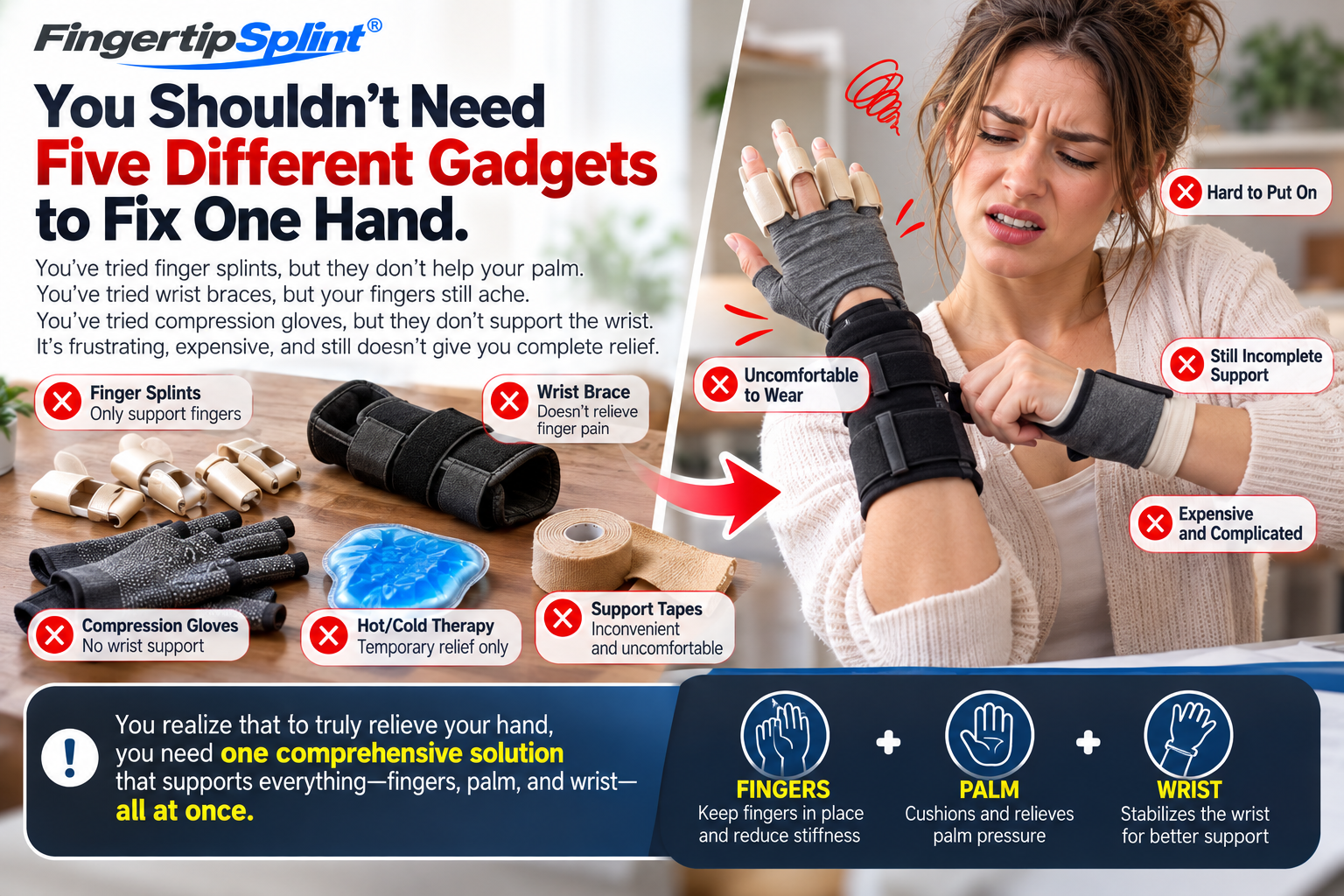 Comparison of separate finger splints, wrist wraps and hand support accessories for everyday use