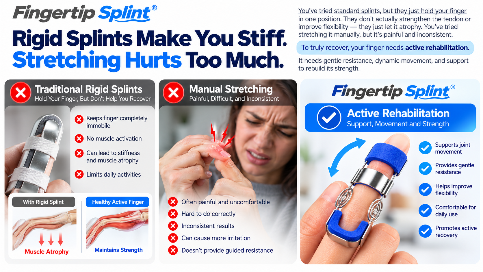 Comparison of a static finger splint and manual finger stretching illustrating different finger support and movement approaches