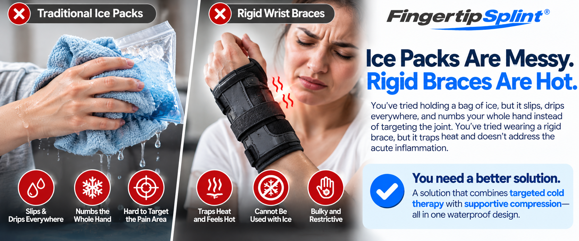 Comparison of traditional ice packs and bulky wrist braces with flexible thumb support options