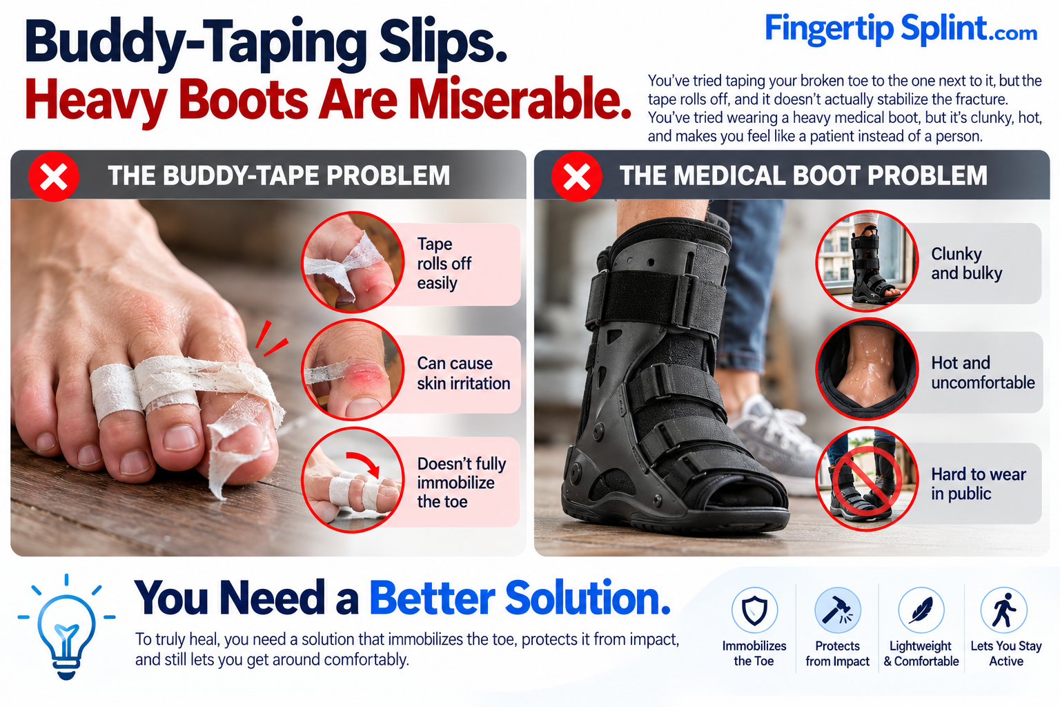 Comparison of loose buddy taping around injured toes and a bulky medical walking boot as different toe injury support options