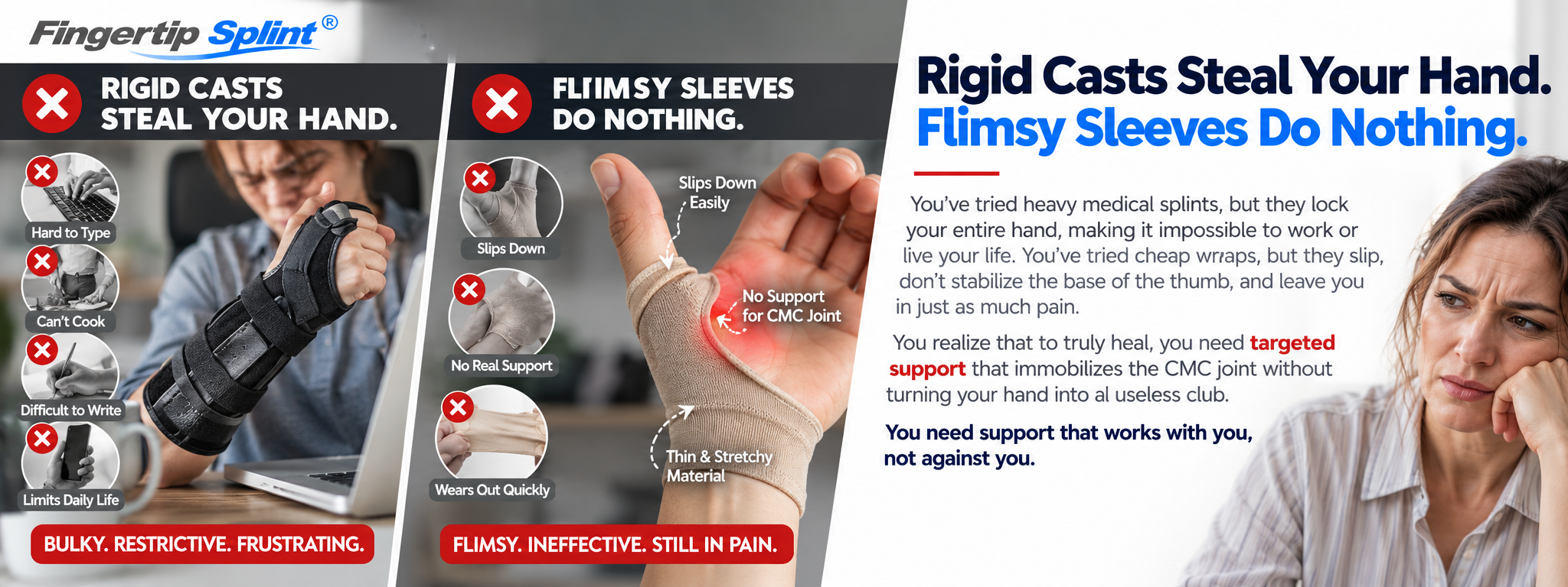 Comparison of bulky wrist immobilization brace and lightweight thumb sleeve illustrating different CMC thumb support approaches