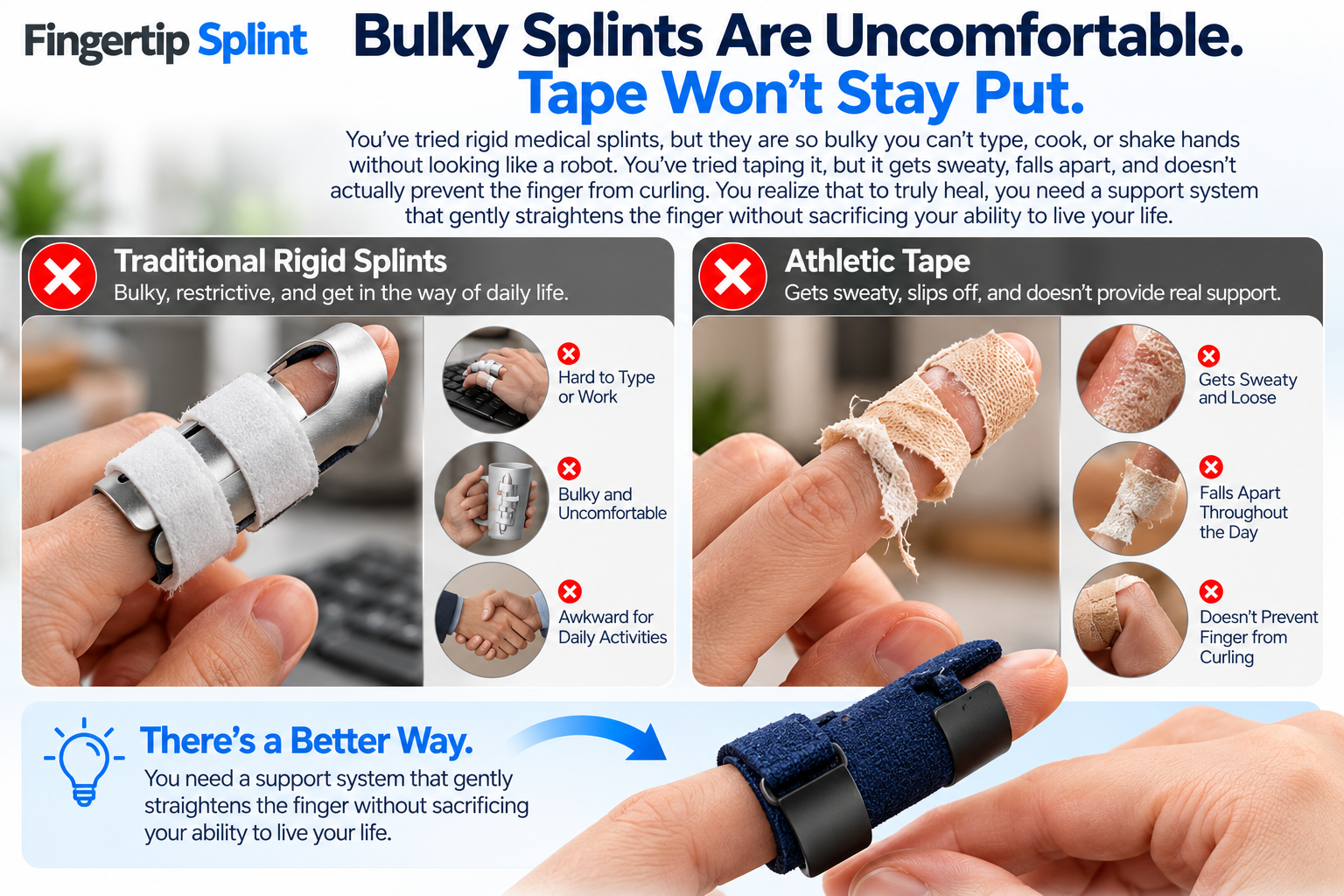 Comparison of a bulky rigid finger splint and loose athletic tape showing different finger support options