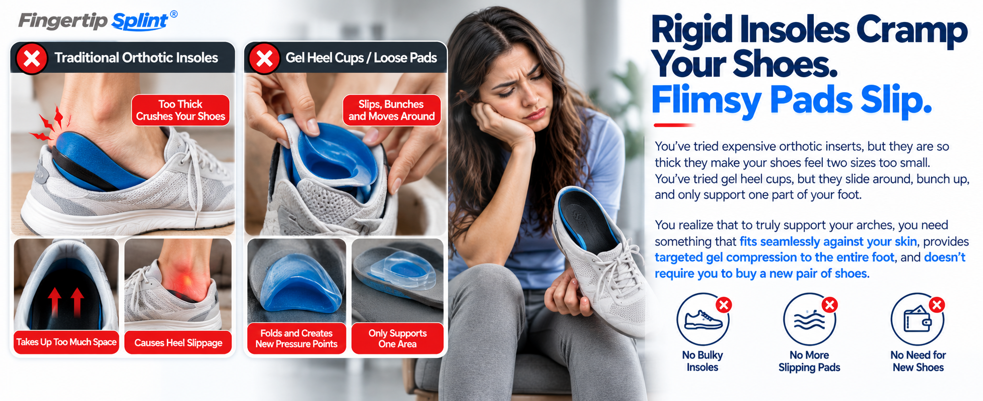 Comparison of bulky orthotic insoles and loose gel heel pads with low-profile wearable arch support sleeves