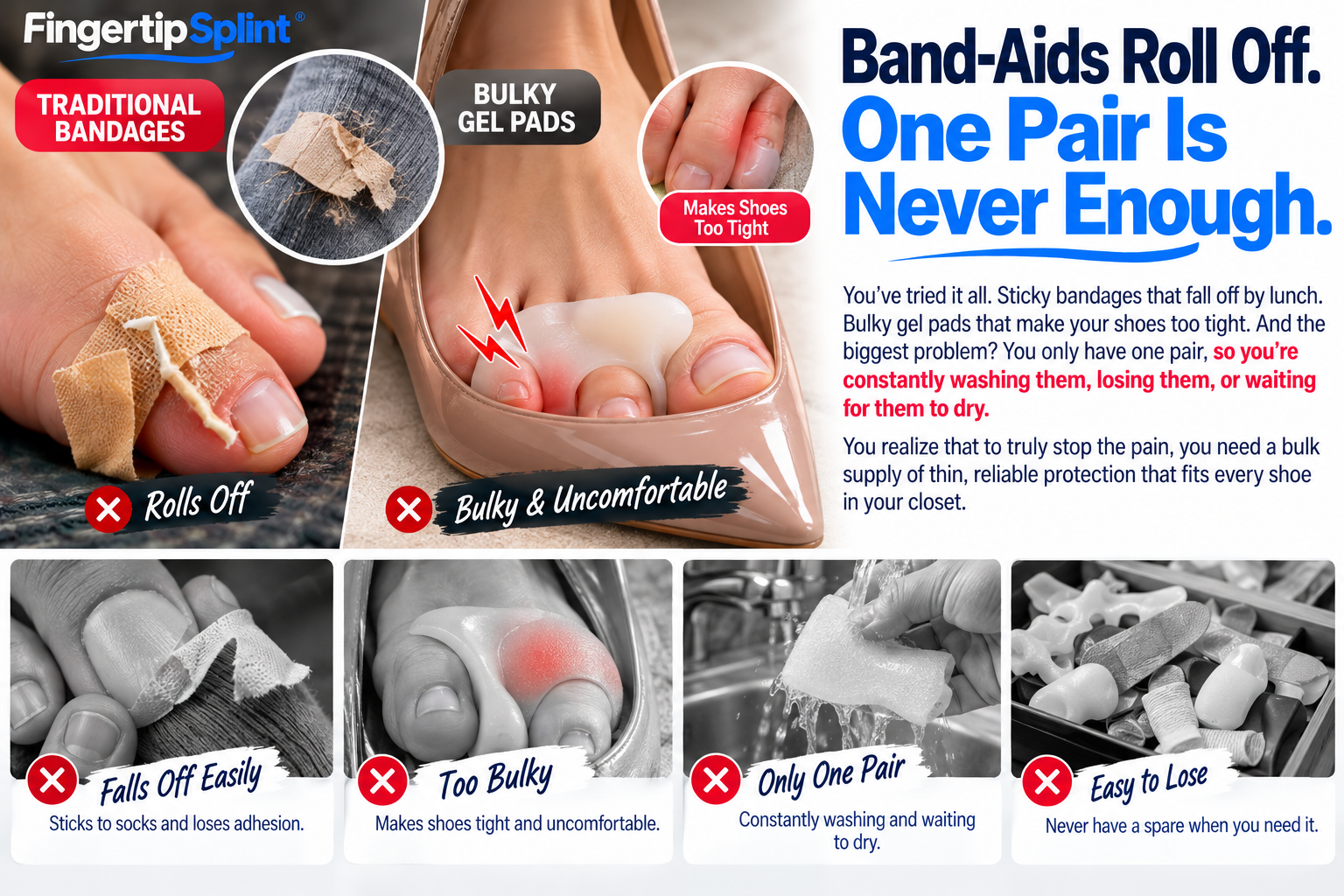 Comparison of peeling adhesive bandages and bulky silicone toe pads, highlighting common challenges with traditional toe protection