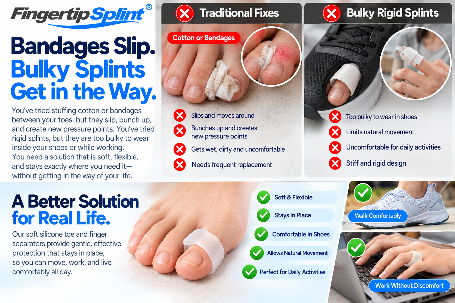 Comparison of bulky bandages and flexible silicone toe spacing accessories