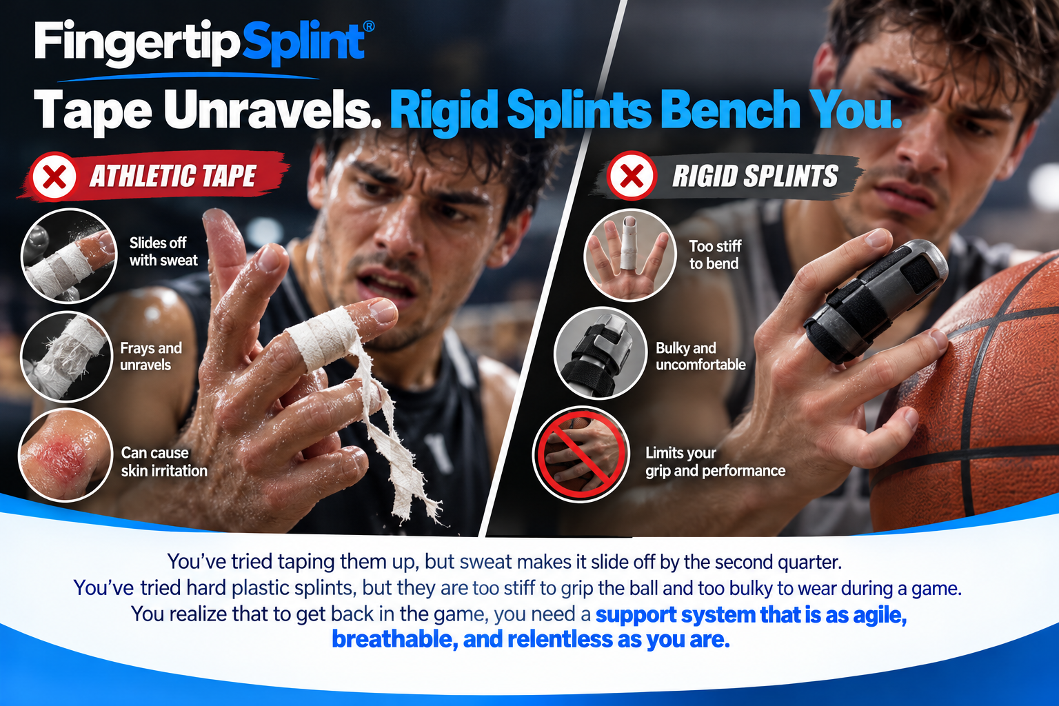 Comparison of loose athletic finger tape and bulky rigid splints during basketball, highlighting different finger support options