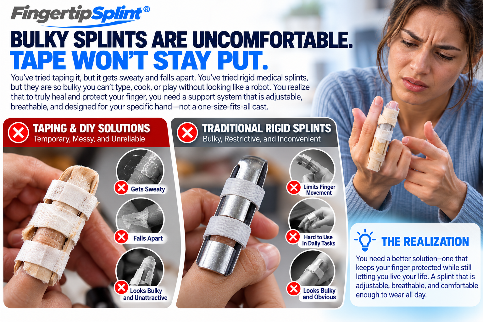 Comparison of makeshift finger tape supports and bulky rigid finger splints highlighting different fastening and comfort considerations