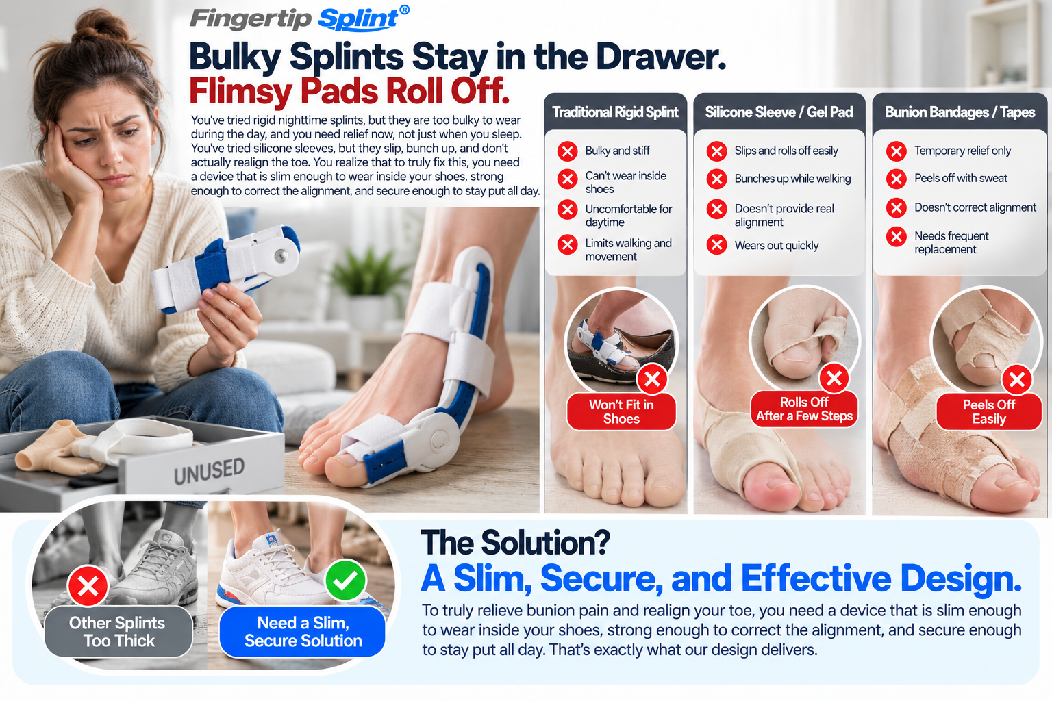 Comparison of bulky rigid bunion splints, slipping silicone toe pads and temporary bandages