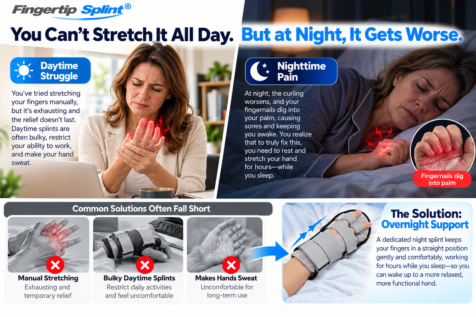 Split-screen illustration showing difficulty extending curled fingers during daytime activities and discomfort while resting at night