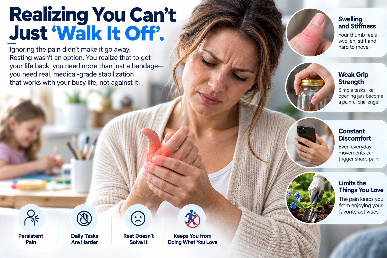 Woman holding sore thumb while swelling weak grip and daily activities become difficult