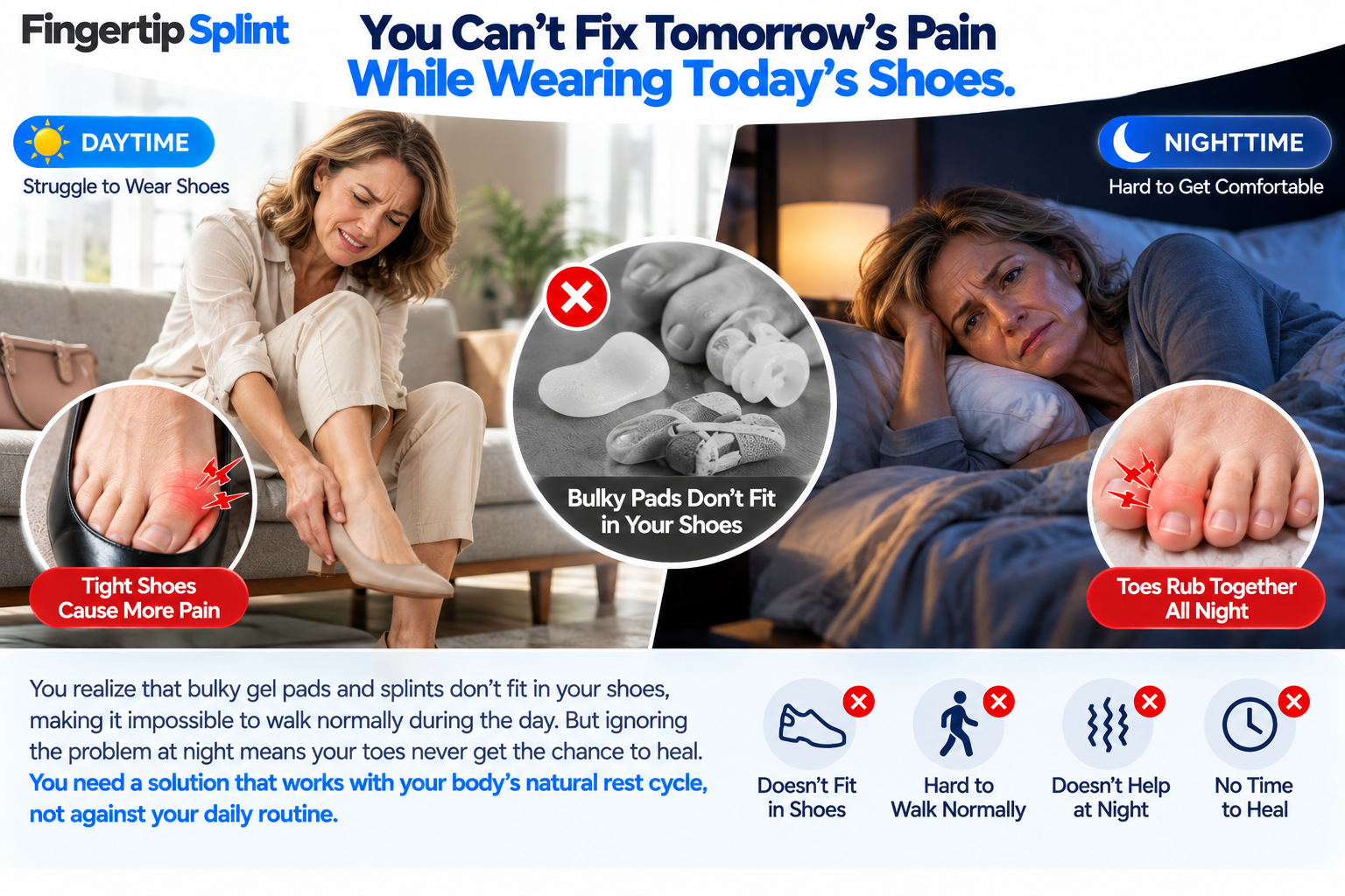 Daytime shoe discomfort and nighttime toe friction illustrated in a split scene