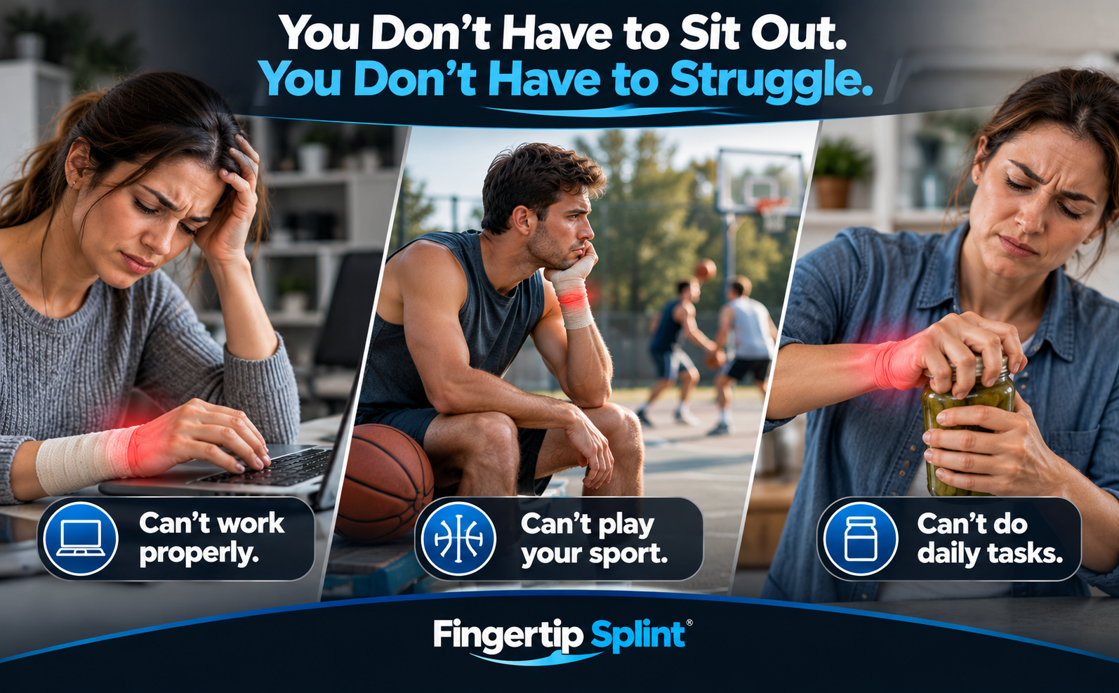 Wrist discomfort affecting typing basketball and daily household tasks before using Fingertip Splint wrist support