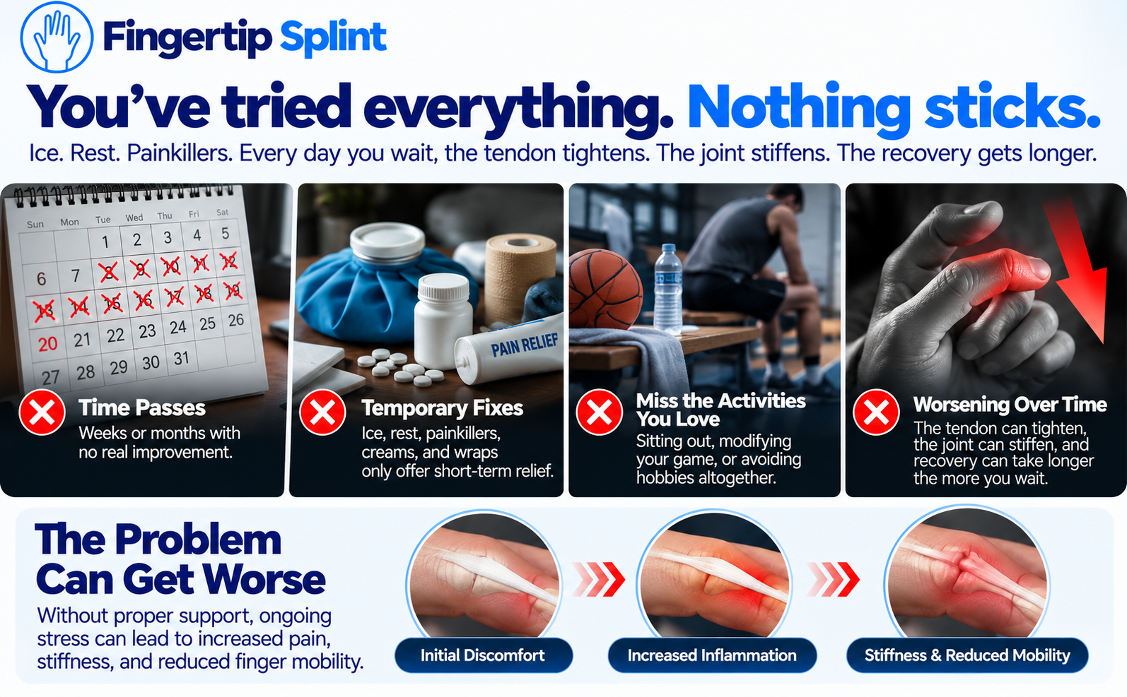 Finger discomfort infographic showing temporary remedies missed sports and worsening stiffness over time