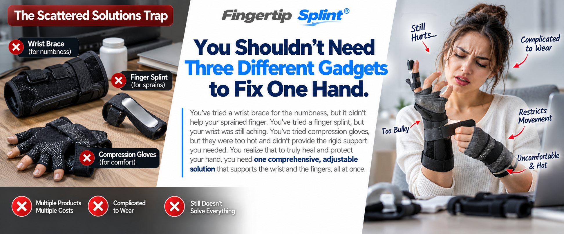 Comparison of separate wrist braces, finger splints and compression gloves illustrating different types of hand support accessories