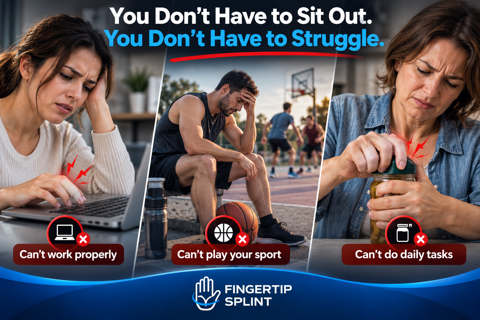 Wrist and thumb pain affecting typing sports and everyday tasks before using Fingertip Splint wrist support