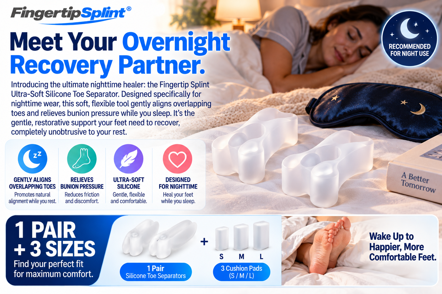 Fingertip Splint ultra-soft silicone toe separator pair displayed on white bedding with three cushion size options