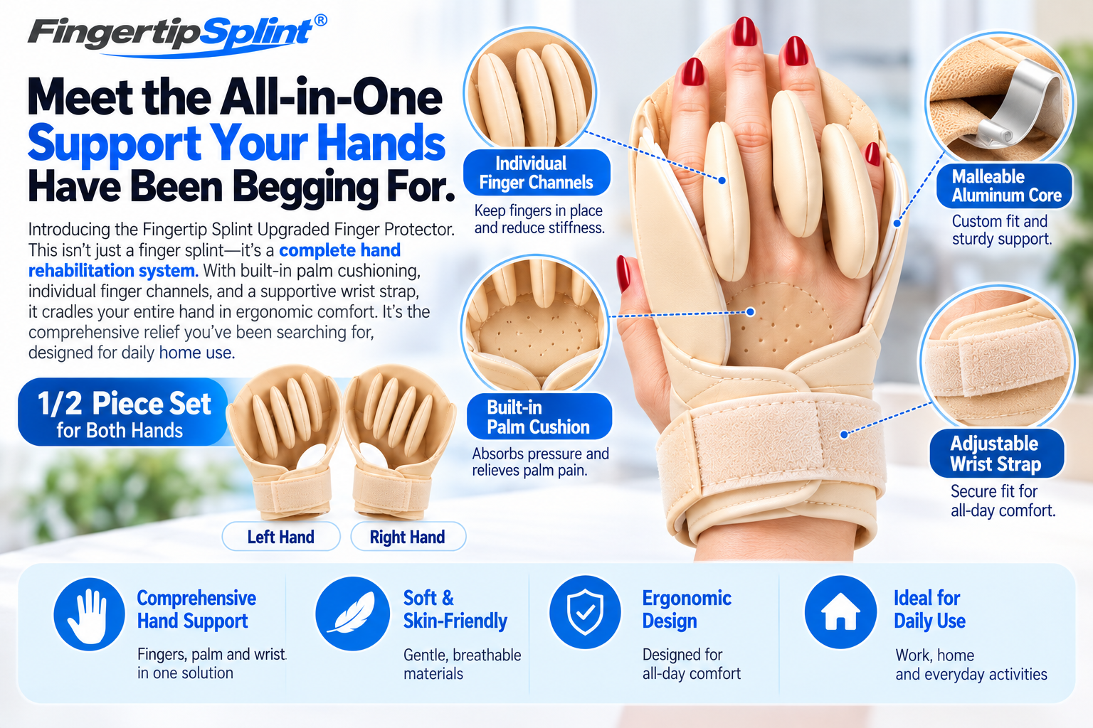 Fingertip Splint finger protector with built-in palm cushion, individual finger channels and adjustable wrist strap