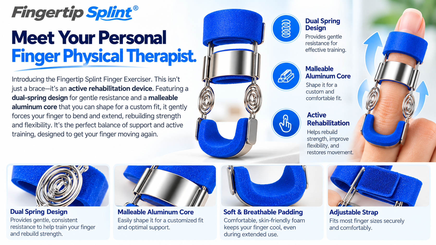 Fingertip Splint spring-loaded finger exerciser with dual metal springs, blue cushioned finger supports and structured metal frame