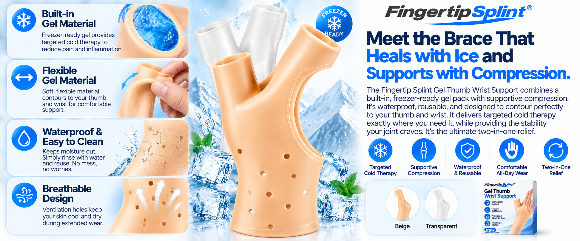 Fingertip Splint flexible gel thumb wrist support in beige and transparent with perforated sleeve design