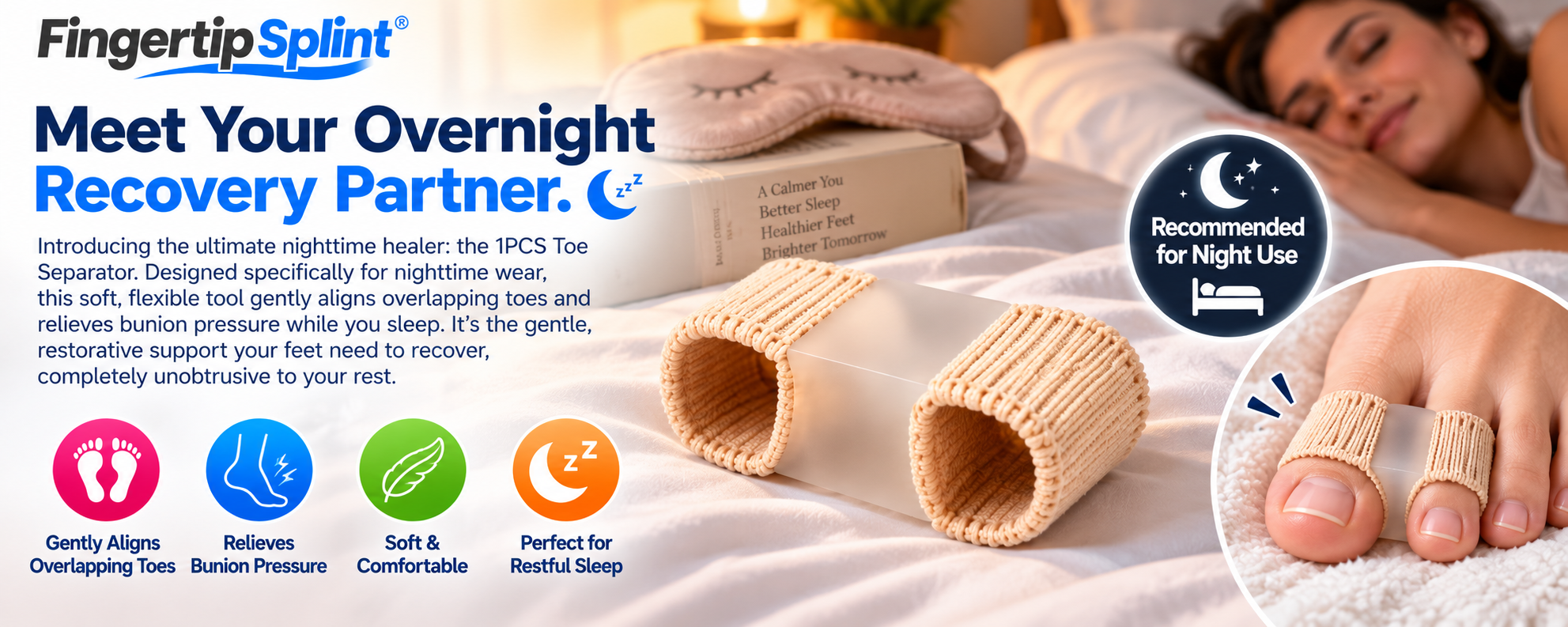 Fingertip Splint 1PCS beige toe separator with flexible fabric loops and central spacing pad displayed on soft white bedding