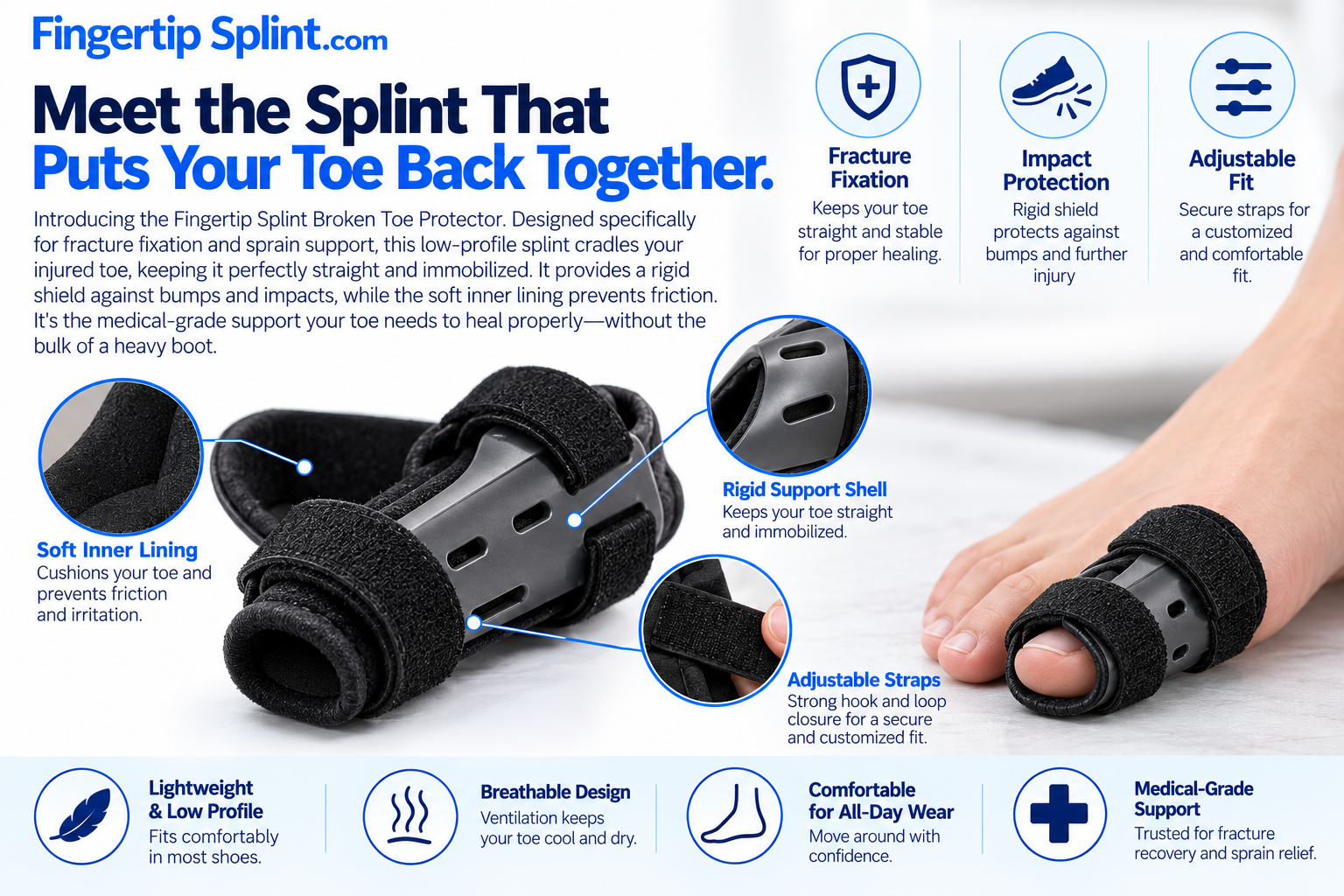 Fingertip Splint.com adjustable toe support brace with forefoot anchor band, toe support section and fastening straps