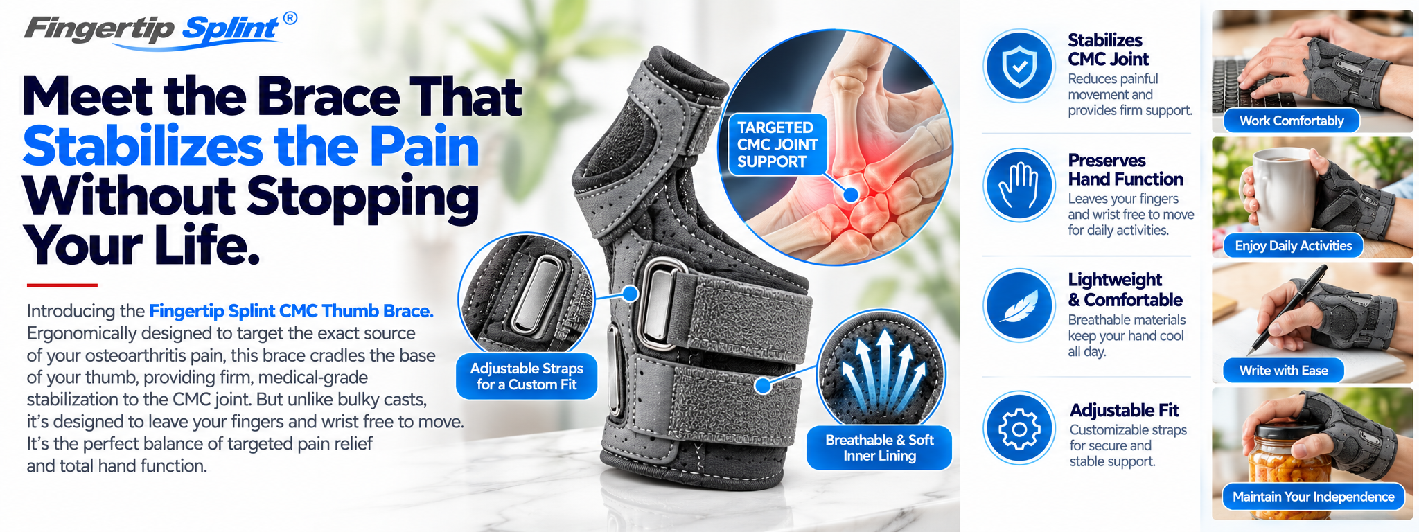 Fingertip Splint CMC thumb brace with adjustable straps supportive reinforcement and thumb joint illustration