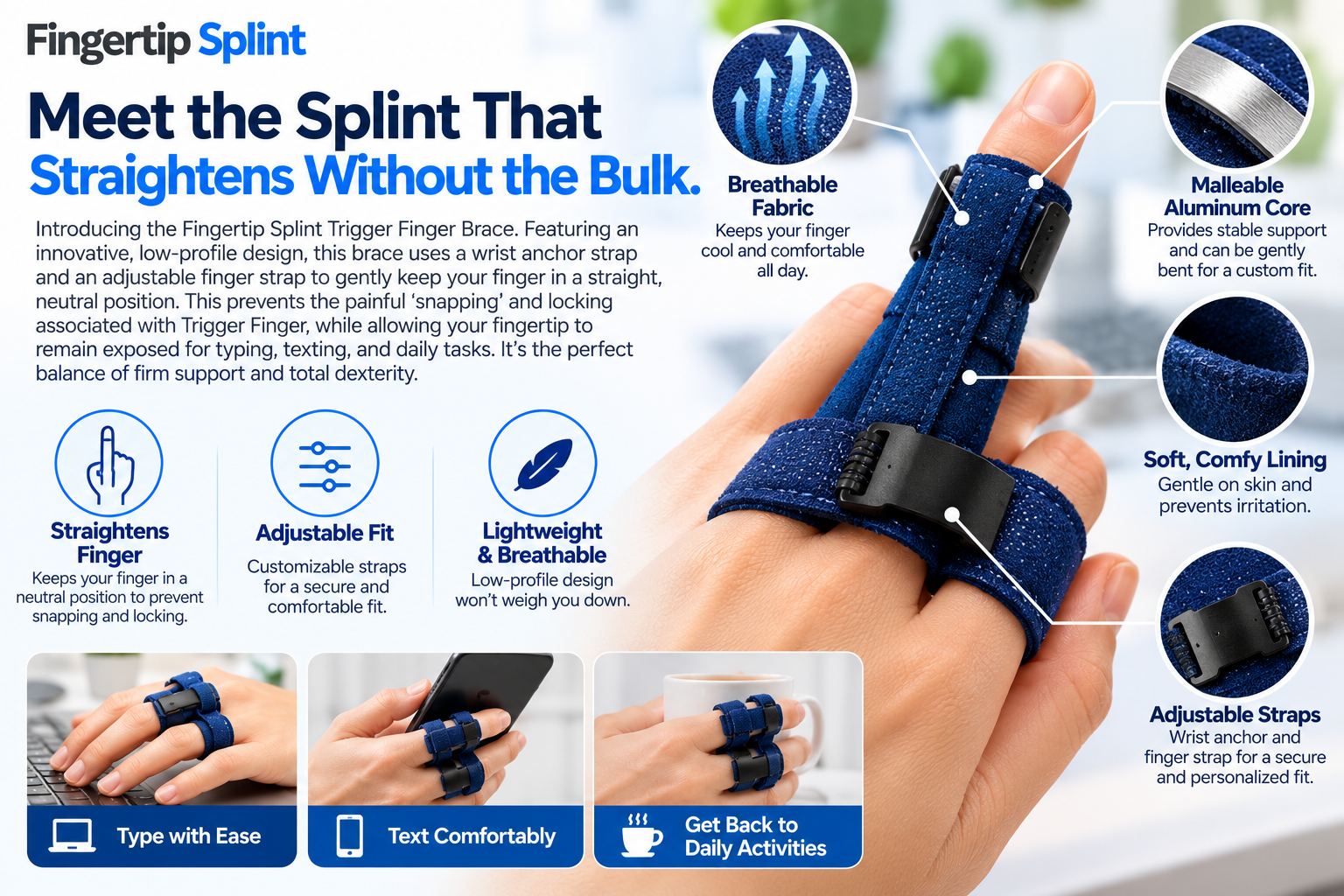 Fingertip Splint blue trigger finger brace with adjustable finger strap, hand anchor band and open fingertip design
