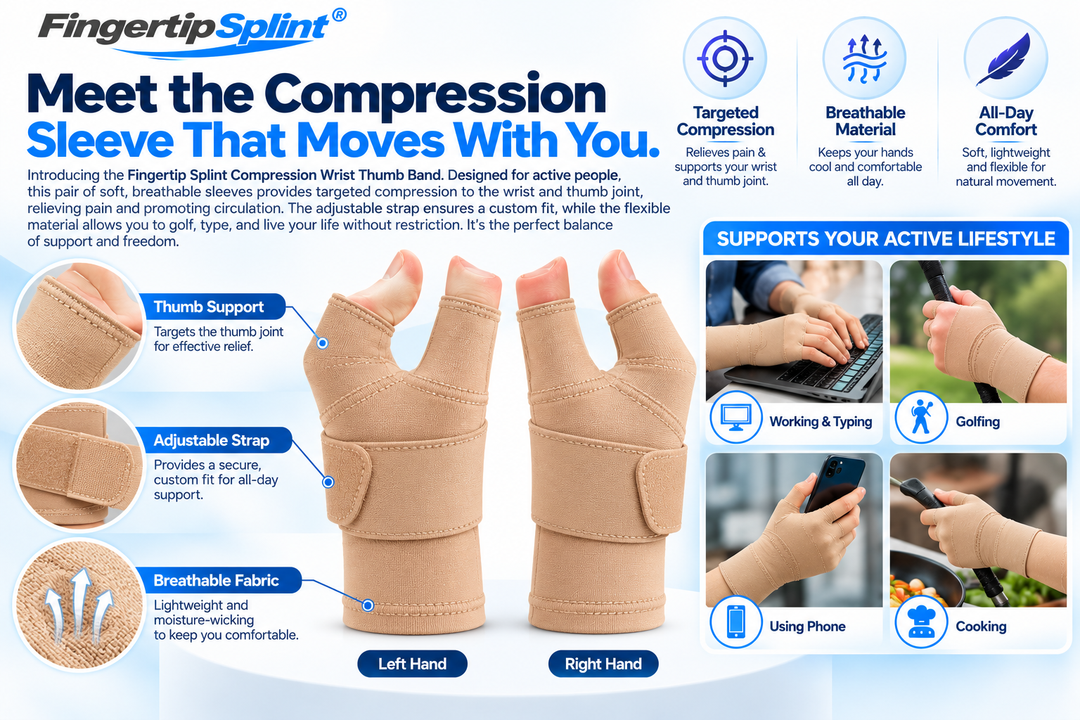 Fingertip Splint compression wrist thumb support sleeves showing flexible fingerless construction