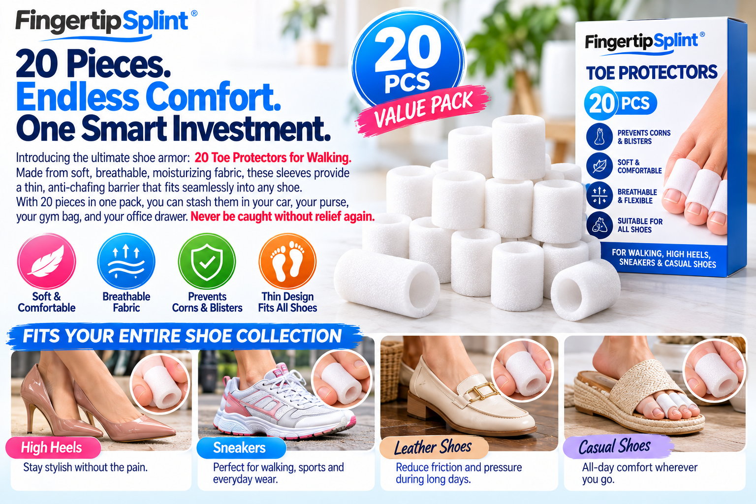 Fingertip Splint 20Pcs white cushioned toe protectors with branded packaging for high heels, sneakers and everyday footwear
