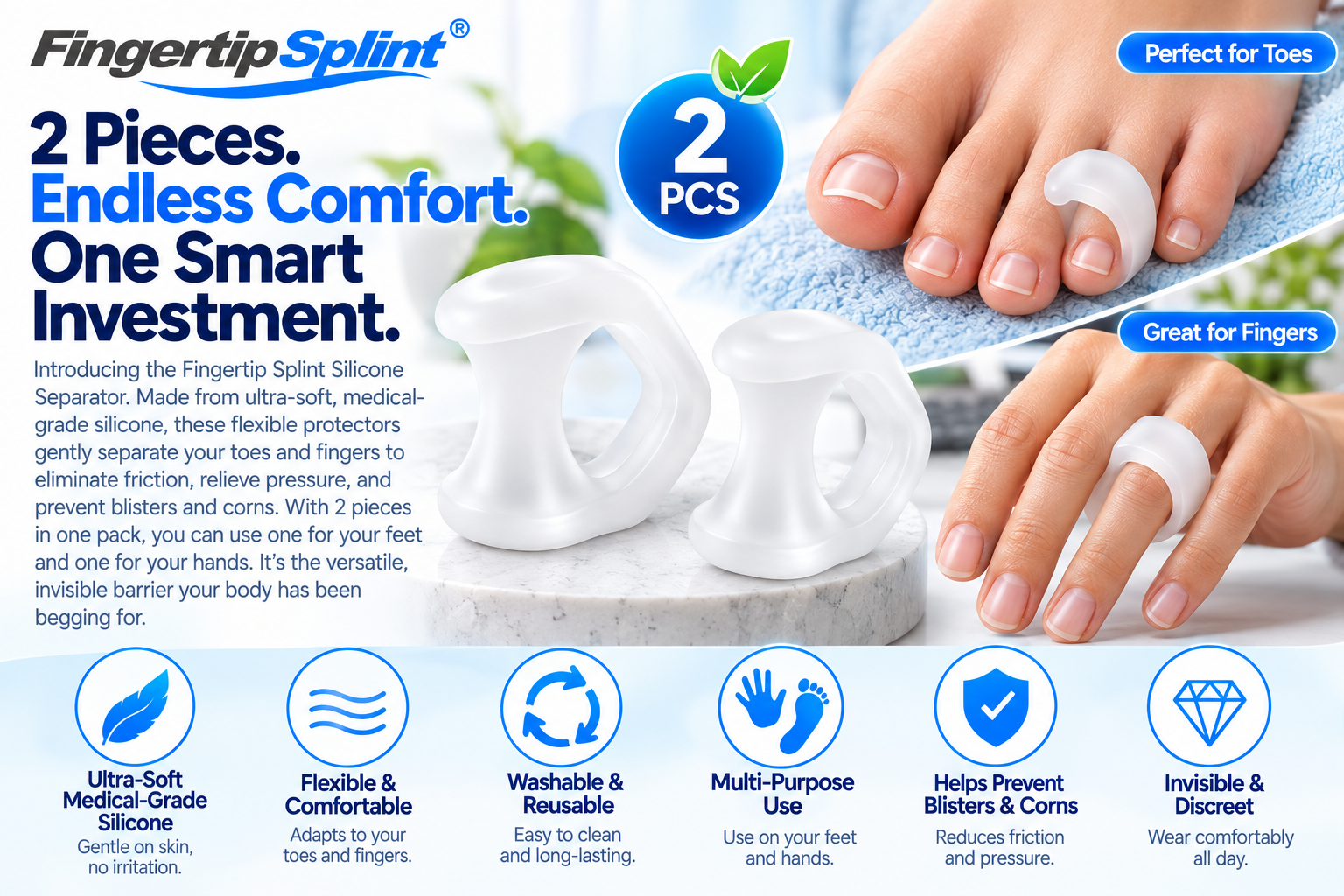 Fingertip Splint 2PCS soft silicone toe and finger separators for gentle spacing
