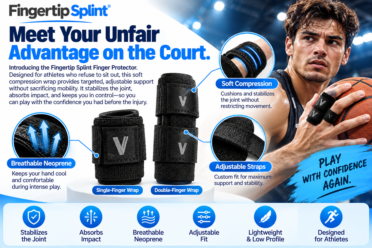 Fingertip Splint black single and double finger protector wraps with adjustable straps and soft compression fabric