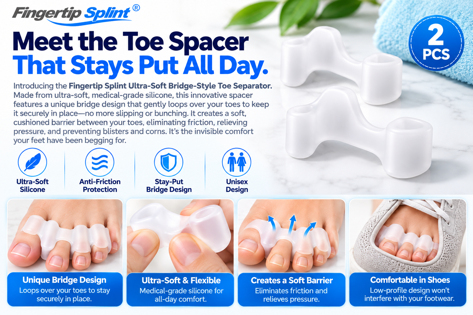 Fingertip Splint 2PCS ultra-soft bridge-style silicone toe separators with flexible toe loops