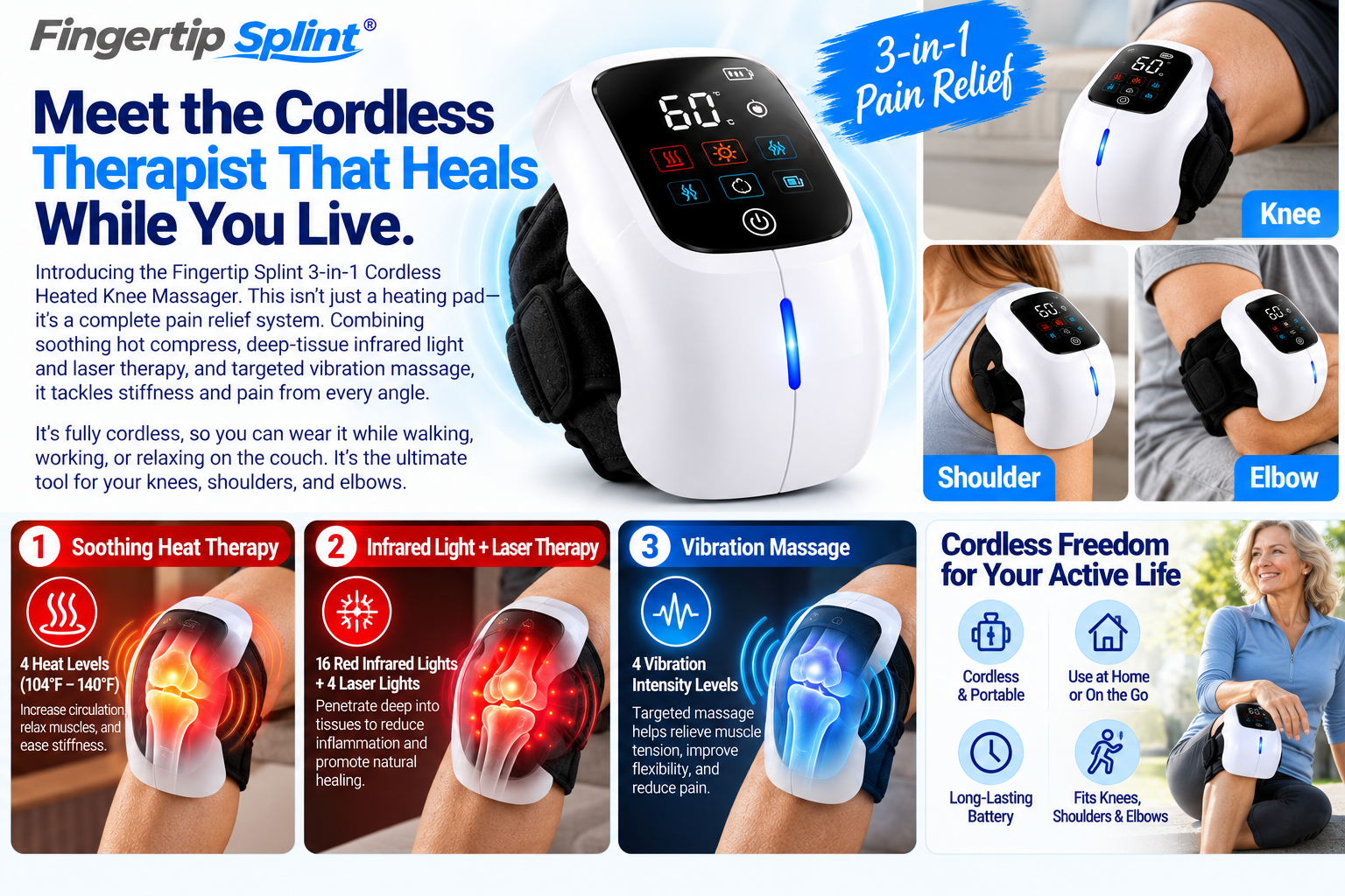 Fingertip Splint 3-in-1 cordless heated knee massager with infrared light, four heat settings, vibration controls and LED screen
