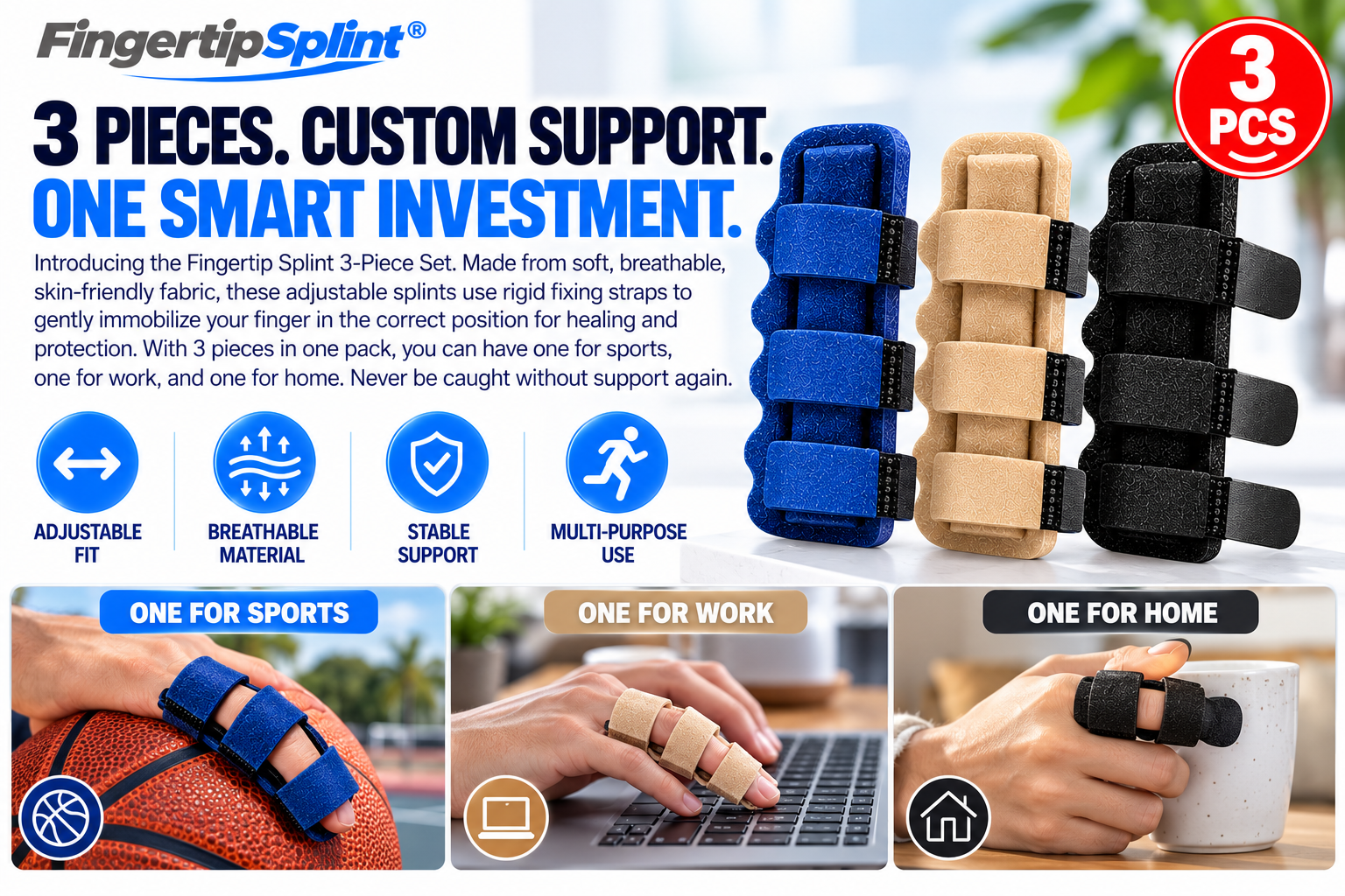 Fingertip Splint 3pcs adjustable finger splint set in blue beige and black with three fixing straps and branded packaging
