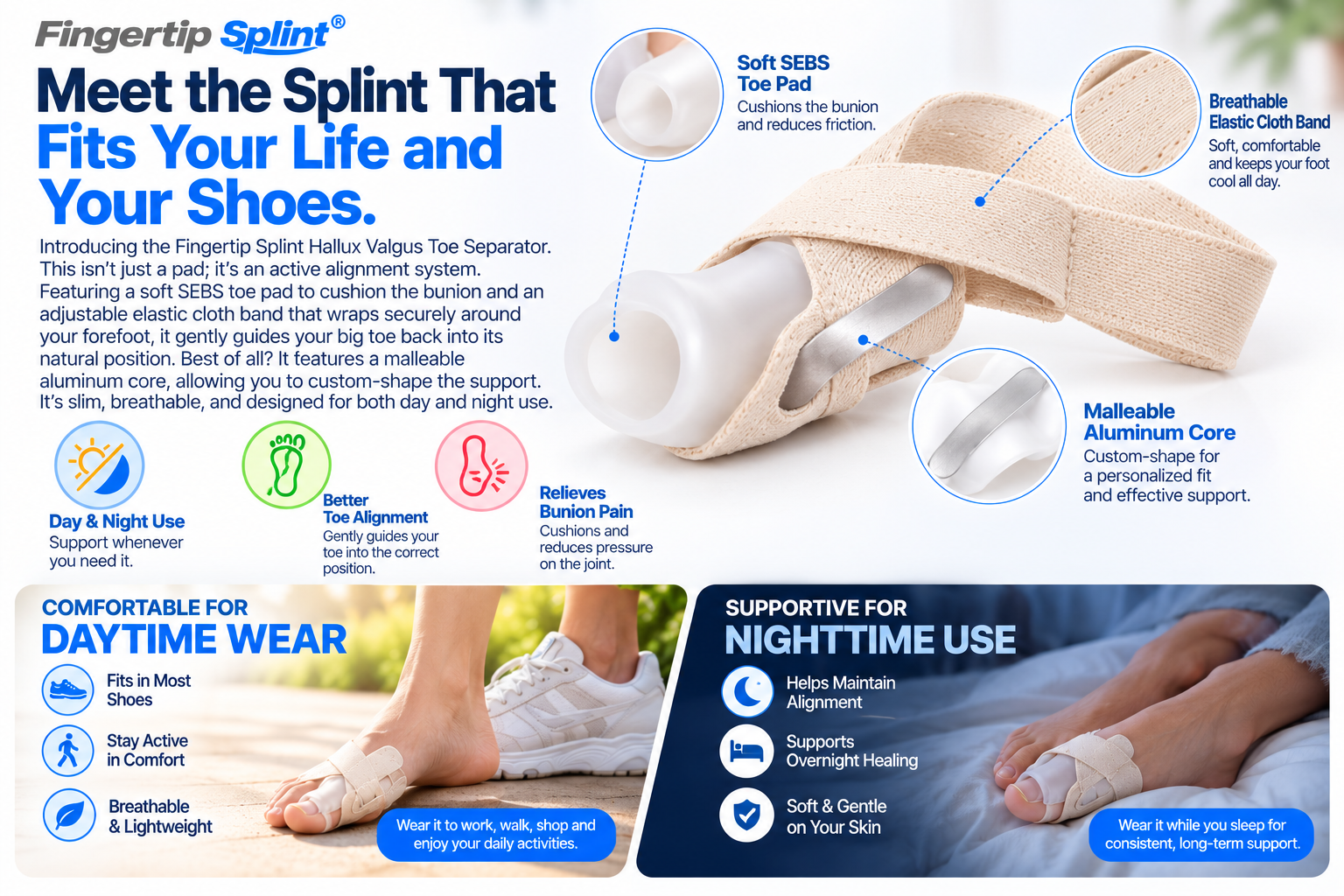 Fingertip Splint hallux valgus toe separator with soft toe pad, elastic forefoot band and day and night wearing illustrations