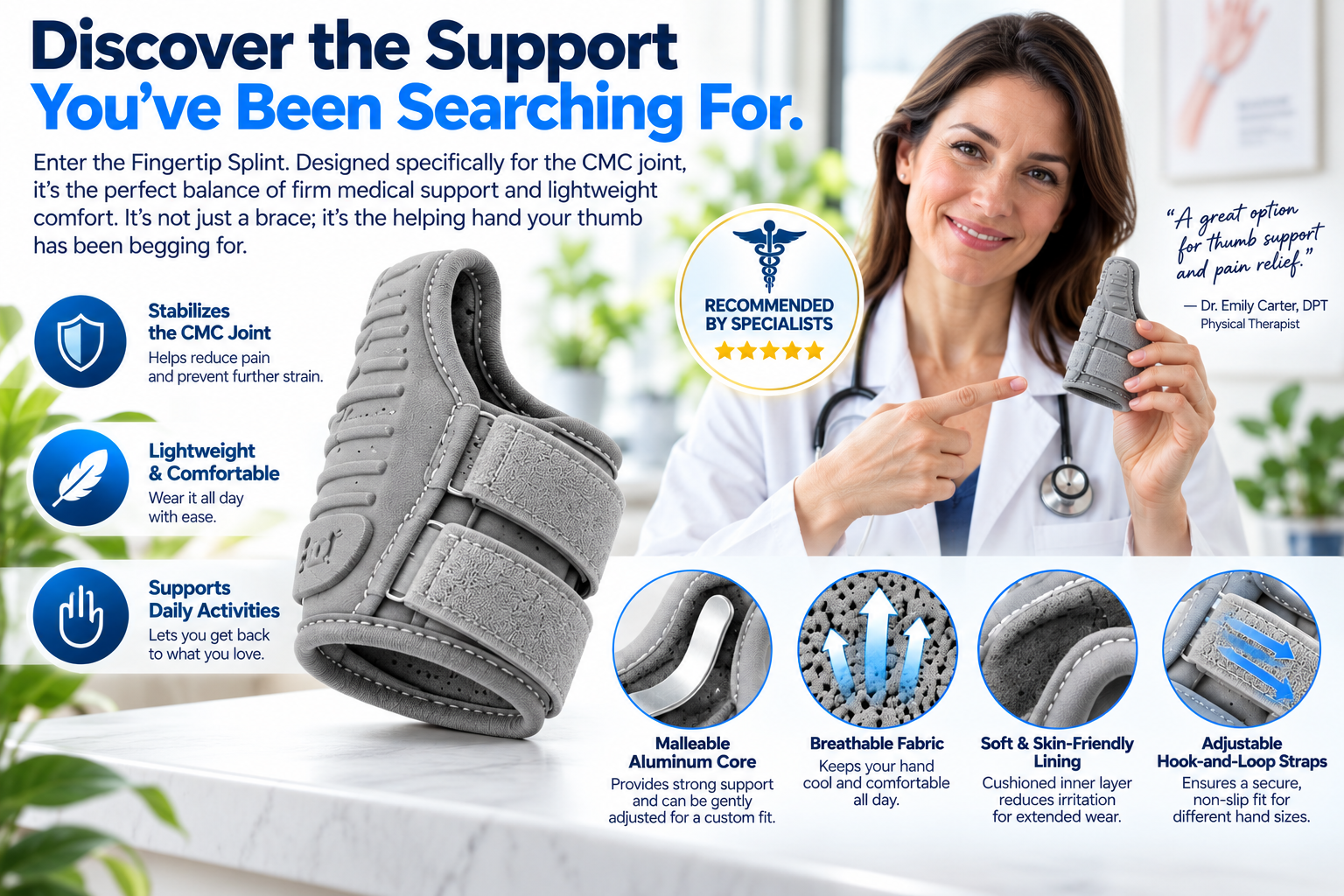 Fingertip Splint grey CMC thumb wrist protector with adjustable straps breathable lining and supportive design