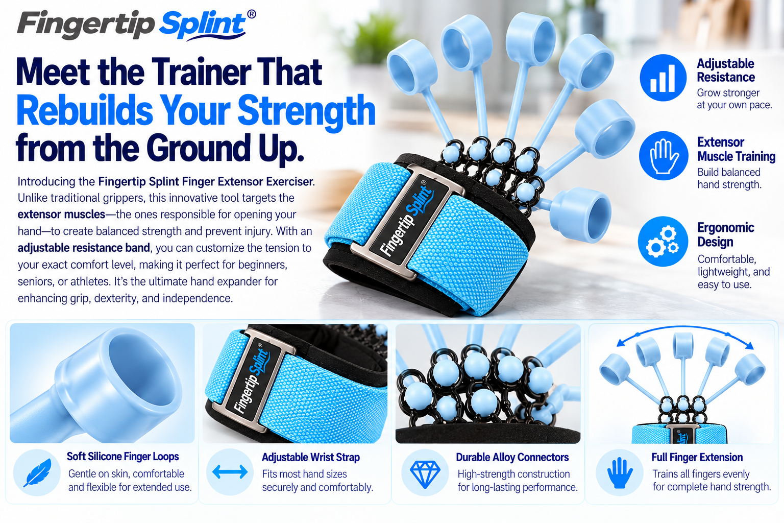 Fingertip Splint finger extensor exerciser with five blue finger loops, elastic resistance bands and adjustable wrist strap